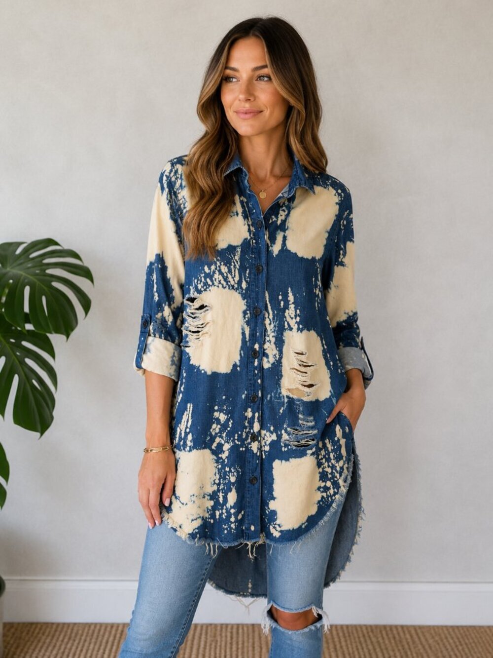 Thrill Jeans Bleach Splatter Distressed Denim Shirt Dress Medium Boho Grunge